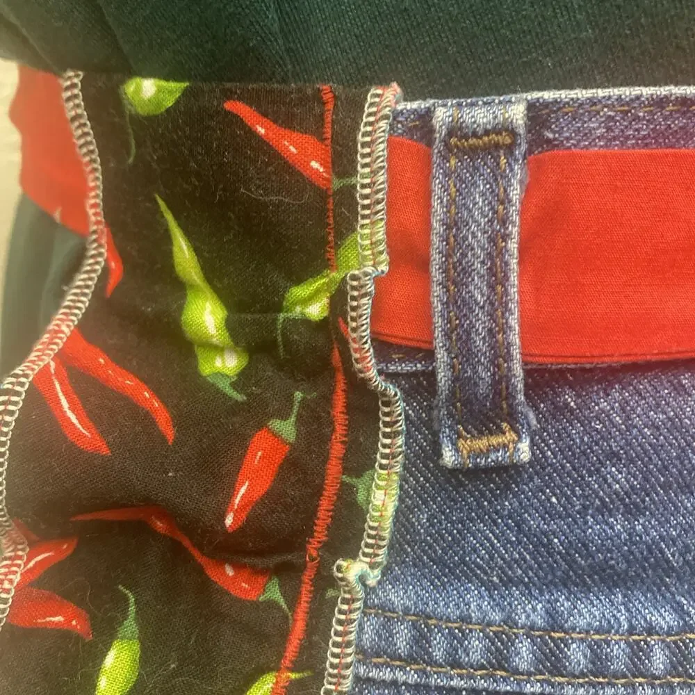 Hand Made Lee Denim Apron Red Hot, Chili Peppers, Lace, Trim, Chef Pockets